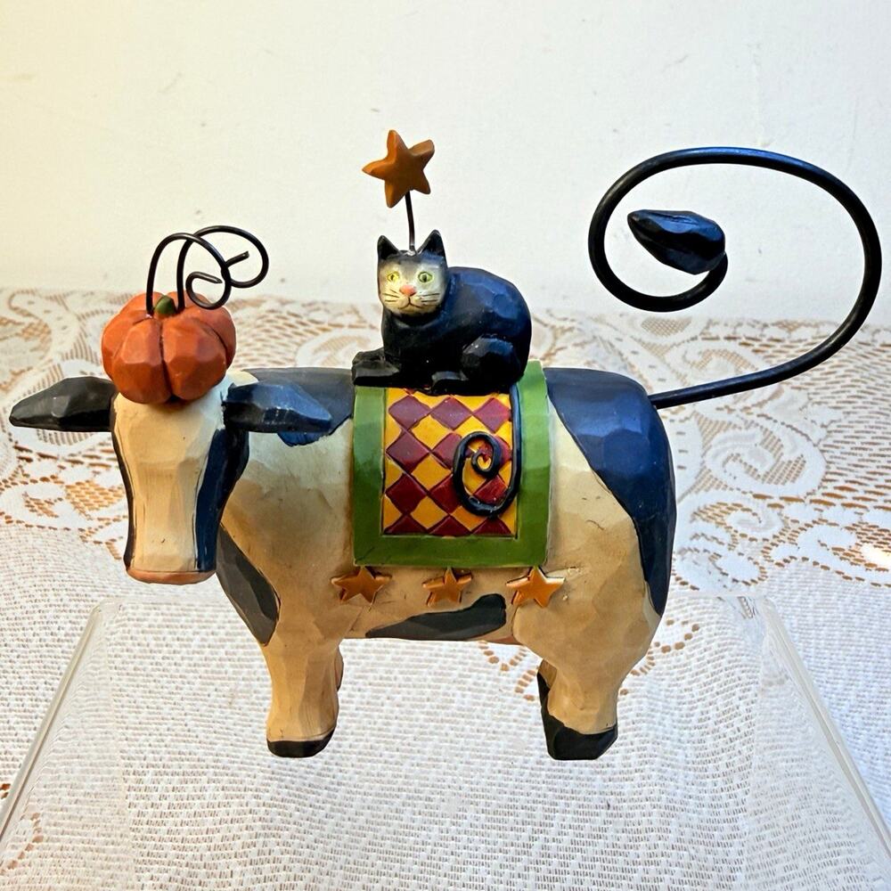 Blossom Bucket E. Smithson Halloween Painted Cow Figurine w/ Black Pumpkin-Read